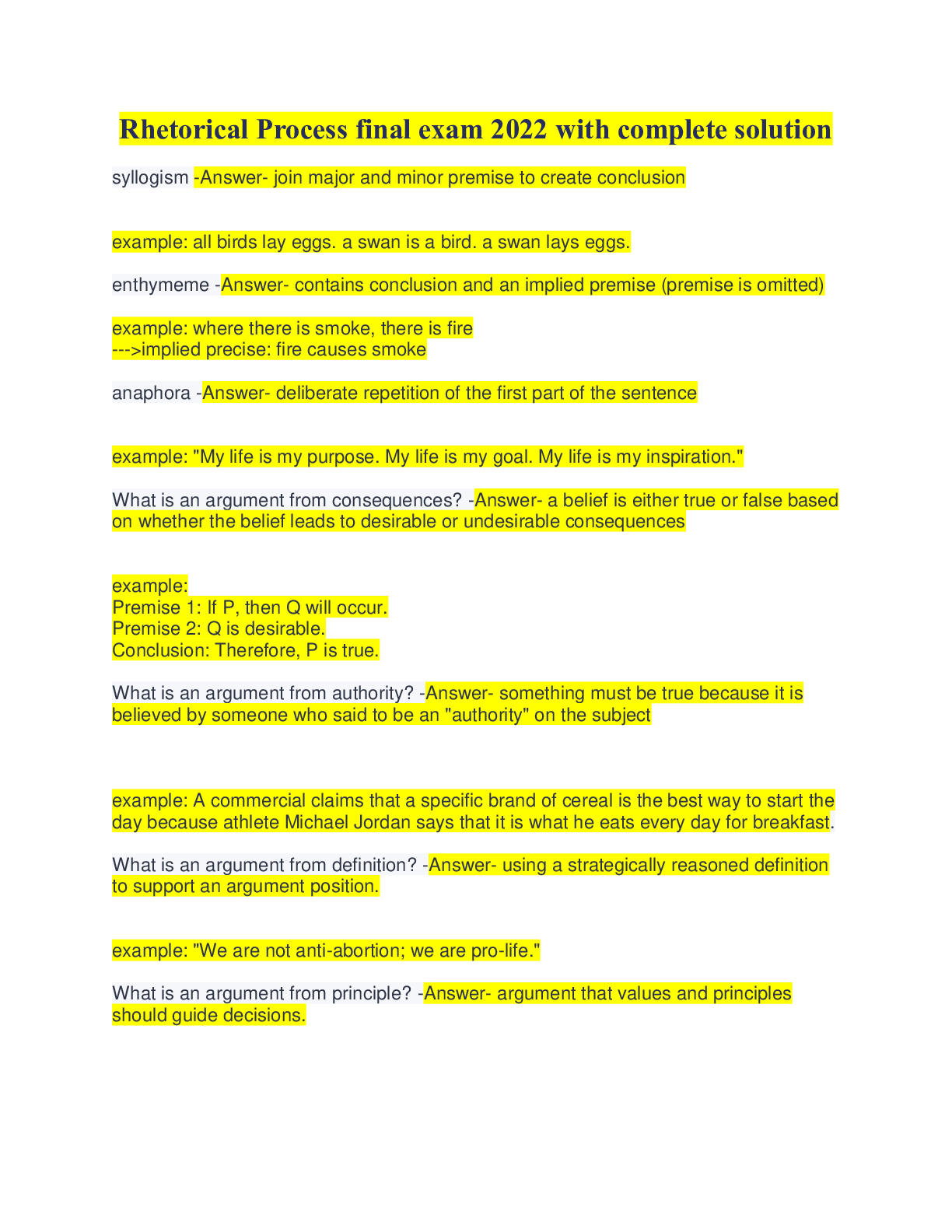 Preview image for Rhetorical Process final exam 2022 with complete solution